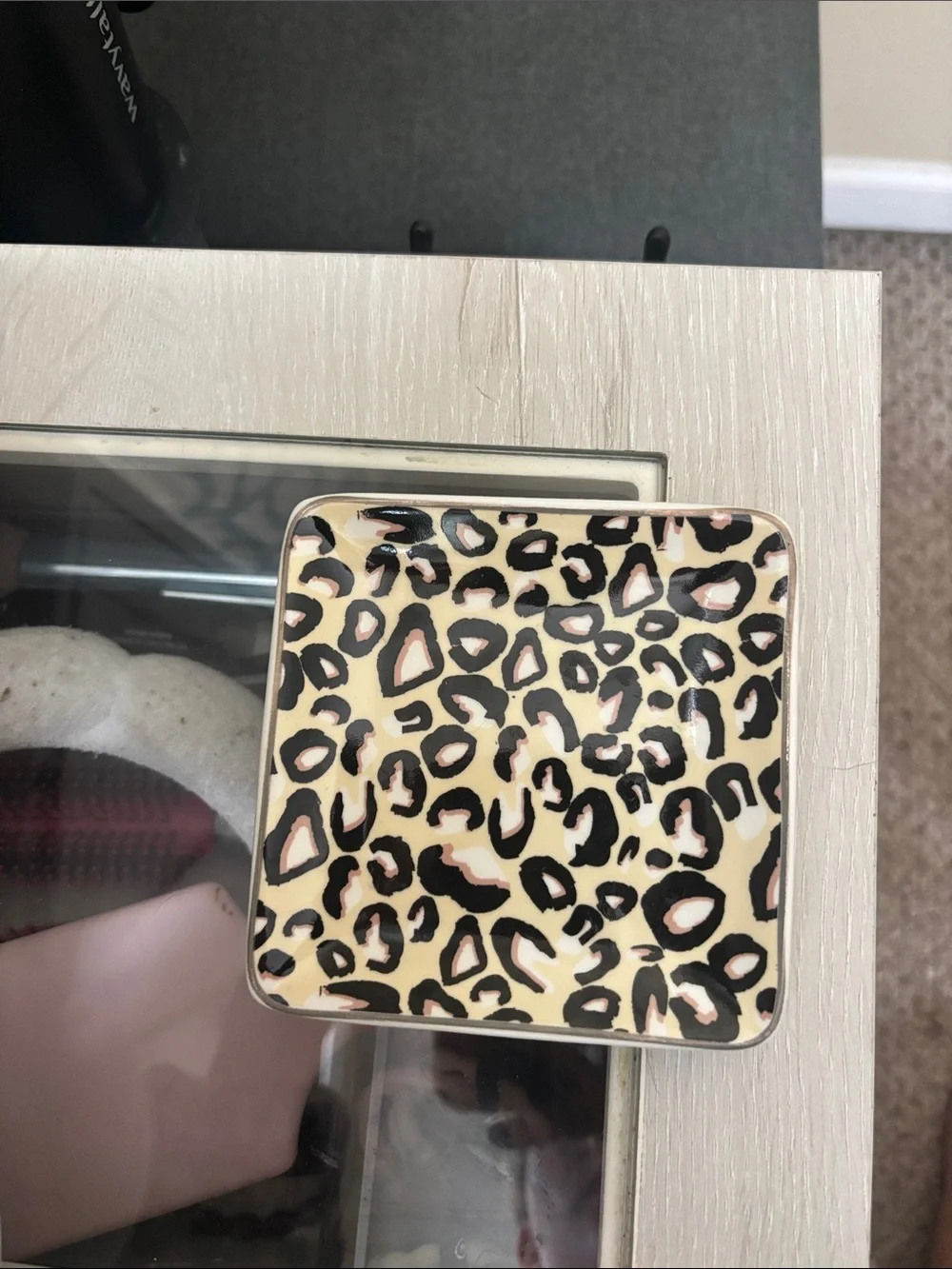 Leopard Print Square Trinket Dish - Black & Cream with Pink Accents